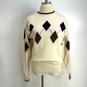 Vintage Liz Sport Wool Sweater Ivory Argyle Turtleneck